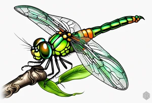 green and orange dragonfly on a twig tattoo idea