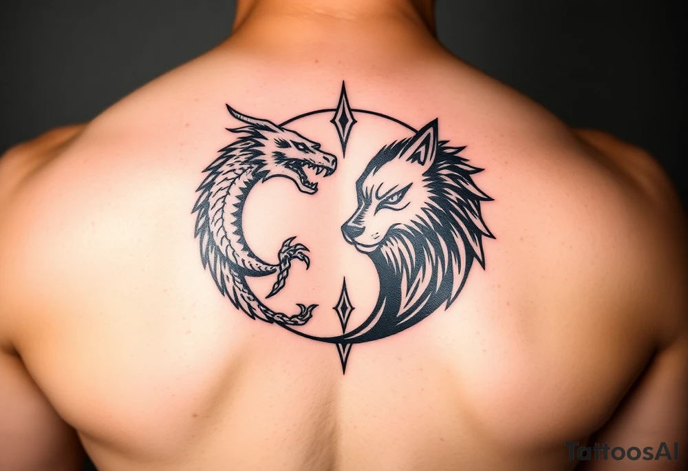 Ying yang symbol with one side a dragon and one side a wolf tattoo idea