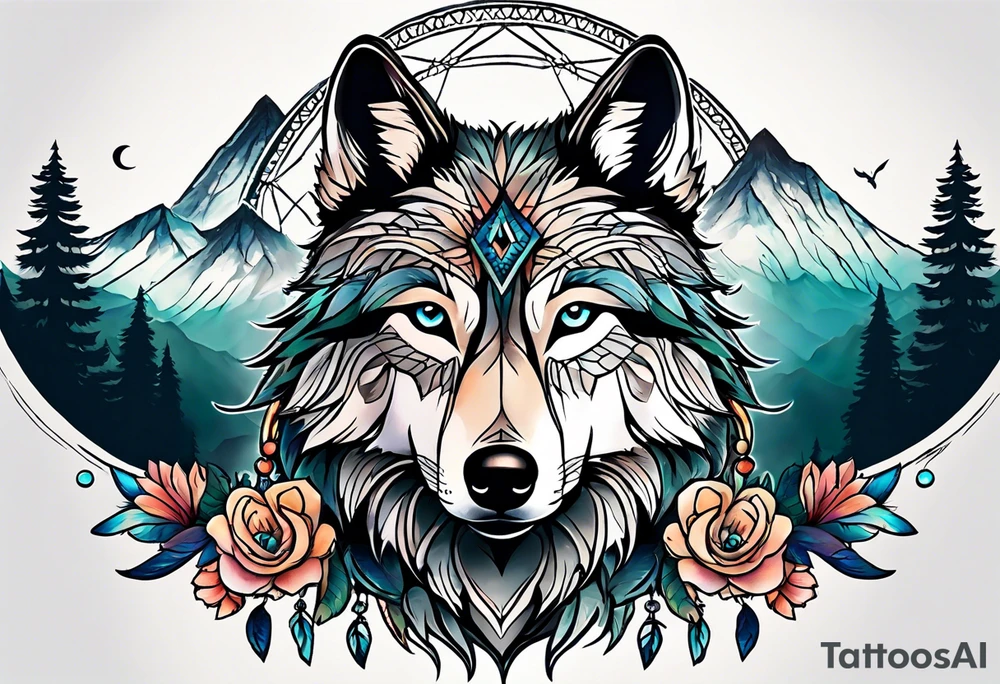 A whimsical wolf tattoo featuring mandala or dream catcher elements, with the wolf as the central focus, surrounded by mountains in the background. Include flowers and nature elements to fill the space around the wolf. tattoo idea