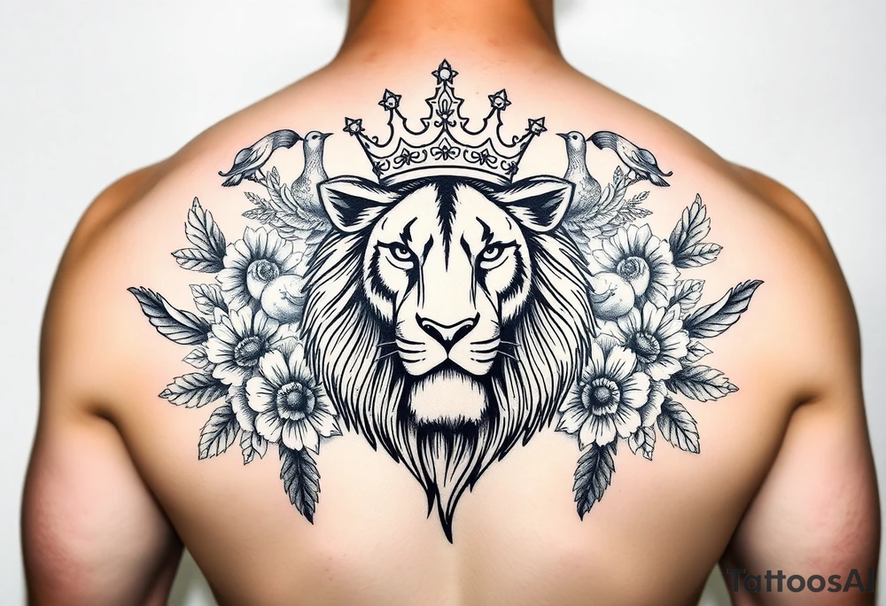 powerful majestic lion with a crown, surrounded by floral ornaments and birds tattoo idea