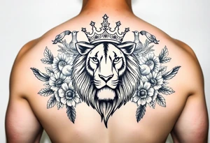 powerful majestic lion with a crown, surrounded by floral ornaments and birds tattoo idea