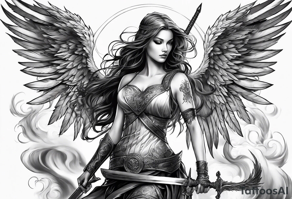Female angel with sword and smoke tattoo idea