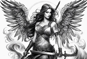 Female angel with sword and smoke tattoo idea