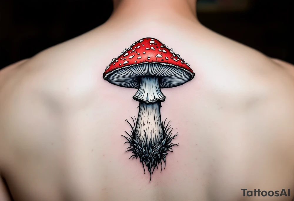 Red and Cyan 3D drawing of a mushroom tattoo idea