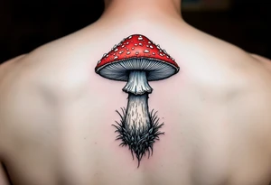 Red and Cyan 3D drawing of a mushroom tattoo idea