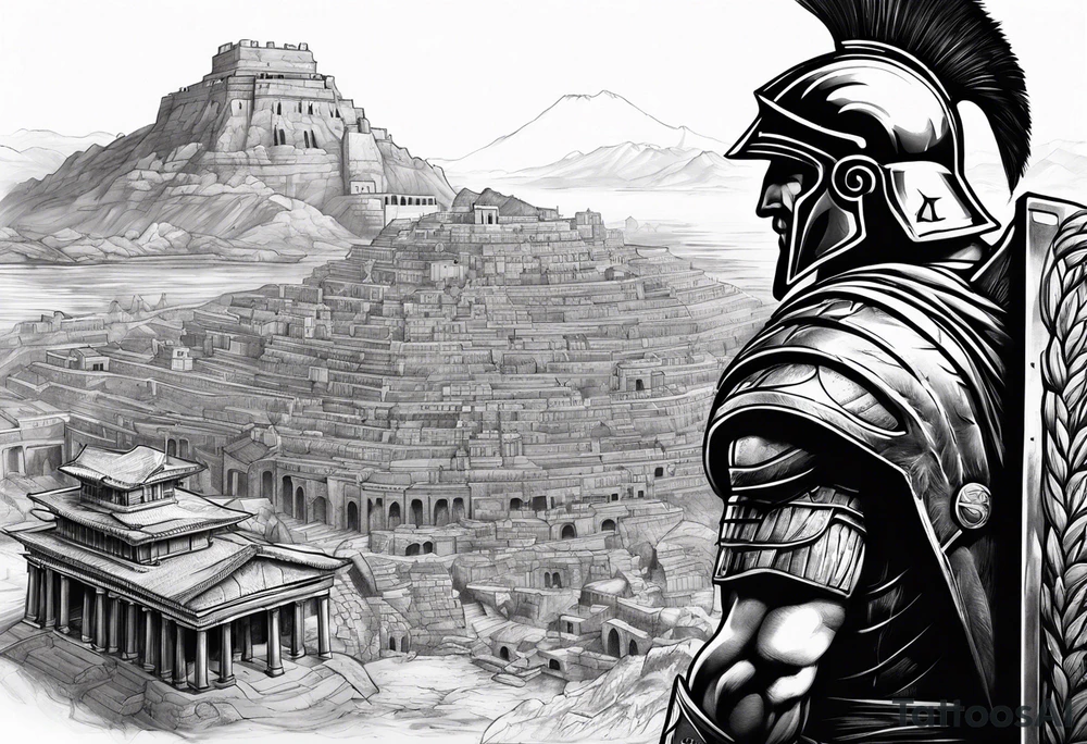 spartan solider looking at ancient city in background tattoo idea spartan solider looking at ancient city in background tattoo idea