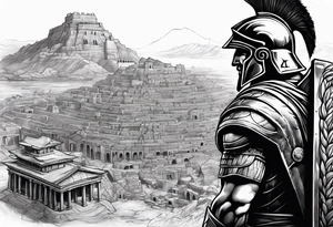 spartan solider looking at ancient city in background tattoo idea
