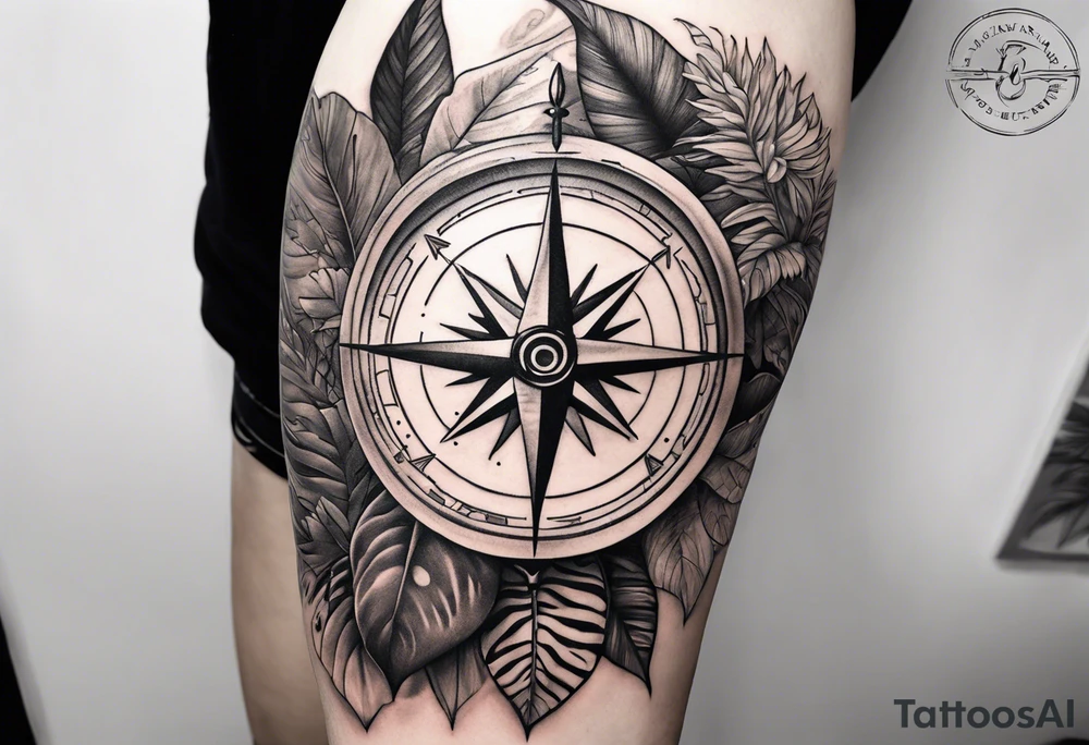 full sleeve tattoo, jungle plants, compass with eye inside compass tattoo idea