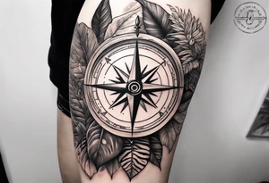 full sleeve tattoo, jungle plants, compass with eye inside compass tattoo idea