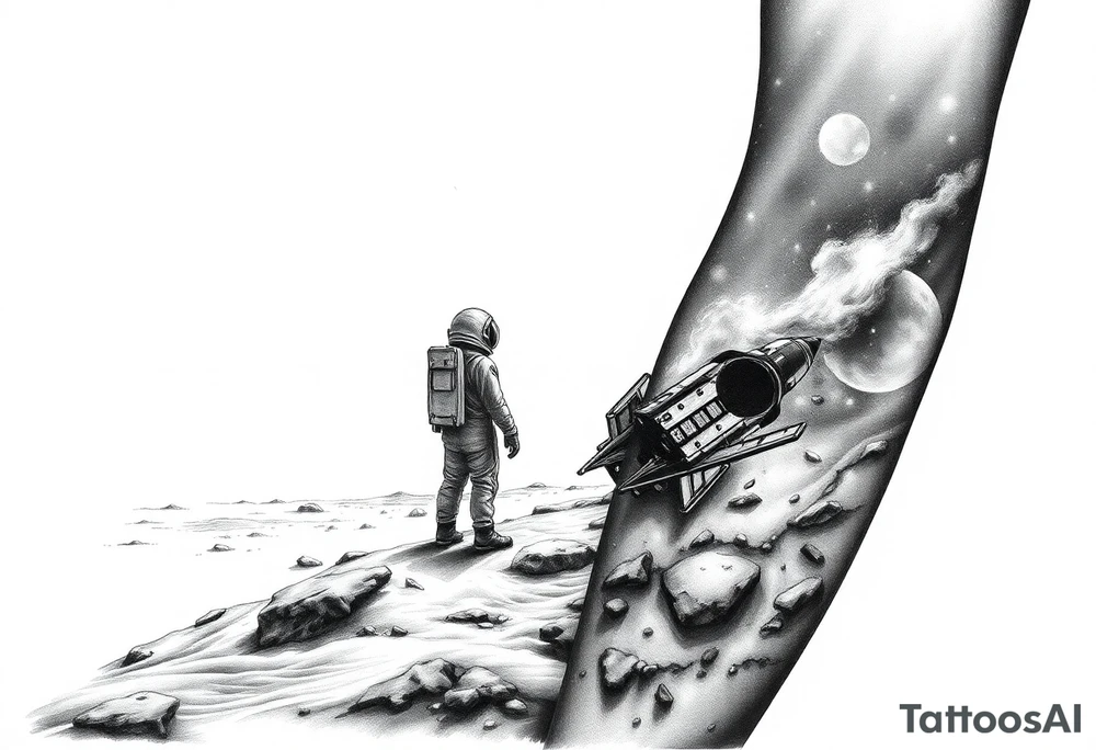 Full sleeve tattoo design for the right forearm, in realistic black and grey style.
The scene shows a lonely astronaut standing on the surface of an unknown planet, similar to the Moon’s landscape.
In front of him stretches a vast, mysterious universe filled with glowing planets, stars, and cosmic nebula light.
A few meters beside him lies a crashed and smoking spaceship, broken and damaged, showing clear signs of impact.
The image represents loneliness and survival — the moment when the astronaut realizes he is completely alone in an unfamiliar world.
The atmosphere should feel melancholic, cinematic, and deeply emotional, combining realism with fantasy.
Fine shading, detailed textures, and strong light-shadow contrast, designed to wrap naturally around the right forearm. tattoo idea
