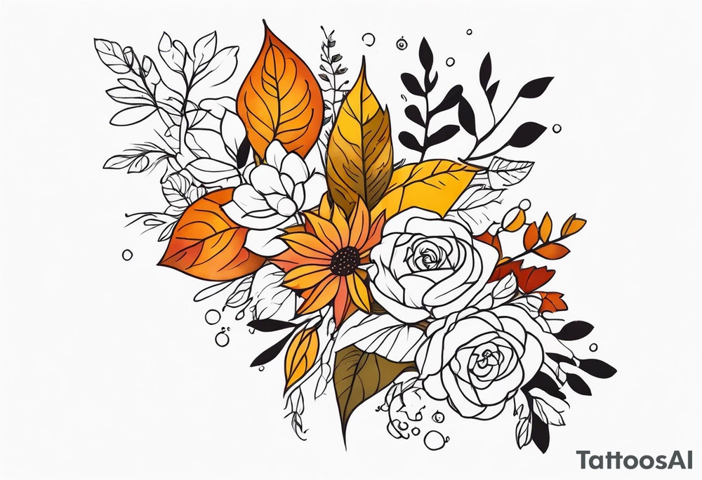 Full arm with fall colors, flowers, water, leaves and various shapes tattoo idea