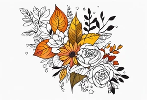 Full arm with fall colors, flowers, water, leaves and various shapes tattoo idea