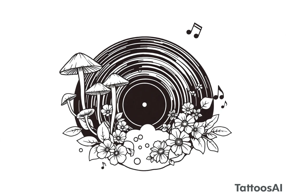 vinyl record with mushrooms, flowers, and music notes tattoo idea