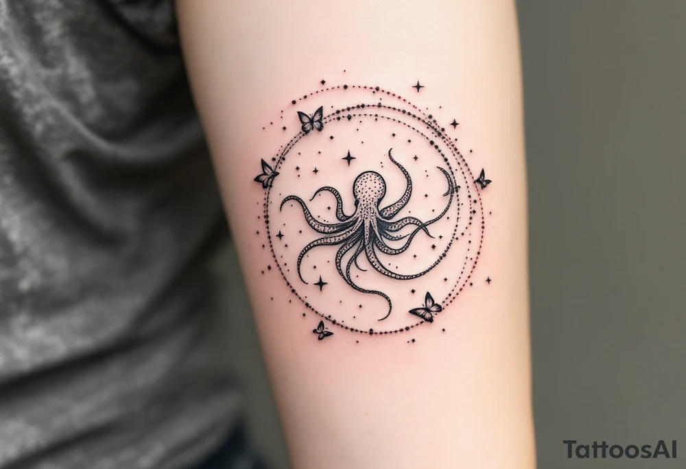 A minimalist dotwork tattoo design in the shape of a spiral galaxy. In the center, a small octopus is subtly integrated into the swirl, with flowing tentacles that extend along the spiral arms. The tentacles transform into elegant, curving lines resembling the flowing tails of koi or betta fish, partially in black ink and partially in fine red lines. Small stars are scattered throughout the galaxy shape, and two delicate butterflies hover near the edges. Style: cosmic abstraction, dotwork, fine line, with elements of Japanese graphic tattoo flow, minimalist, octopus psychedelic dotwork sacred geometry sleeve tattoo idea