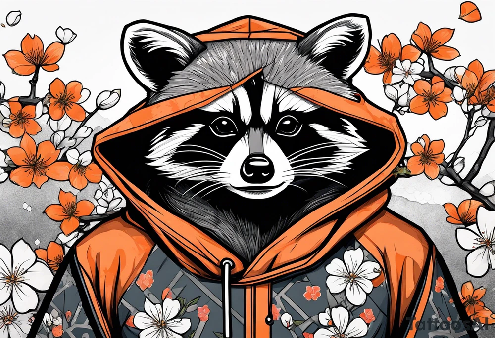 raccoon wearing a black and white Superman hoodie and orange Japanese cherry blossoms tattoo idea