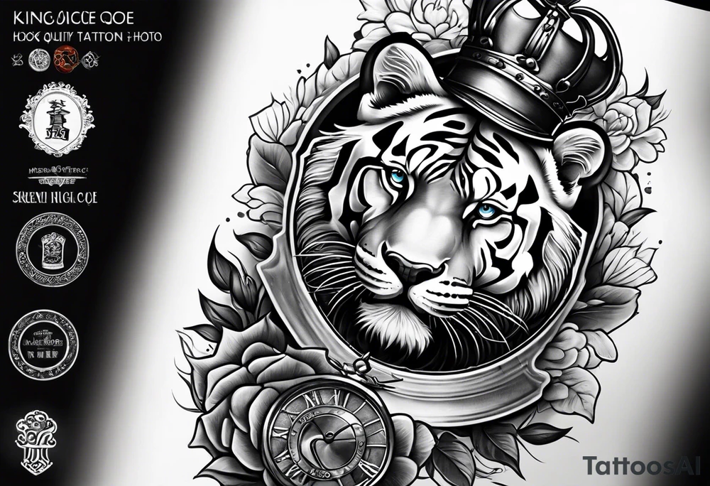 King tiger Hour glass with Brain and heart inside arm sleeve tattoo idea