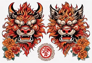 Red and orange Okinawa shisa dogs pair chest piece tattoo idea