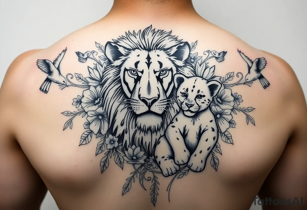 powerful majestic lion and cub, surrounded by floral ornaments and birds tattoo idea