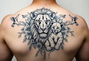 powerful majestic lion and cub, surrounded by floral ornaments and birds tattoo idea