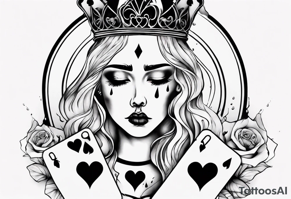 queen of hearts crying black tears, with blank eyes tattoo idea