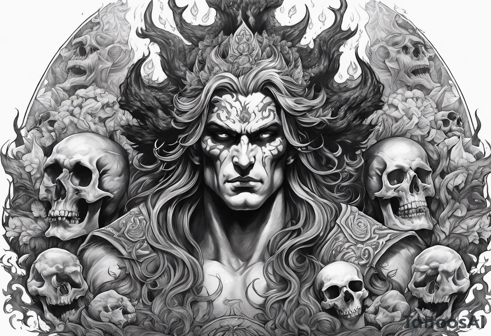 Hades in hell surrounded by skulls and fire tattoo idea