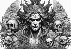Hades in hell surrounded by skulls and fire tattoo idea