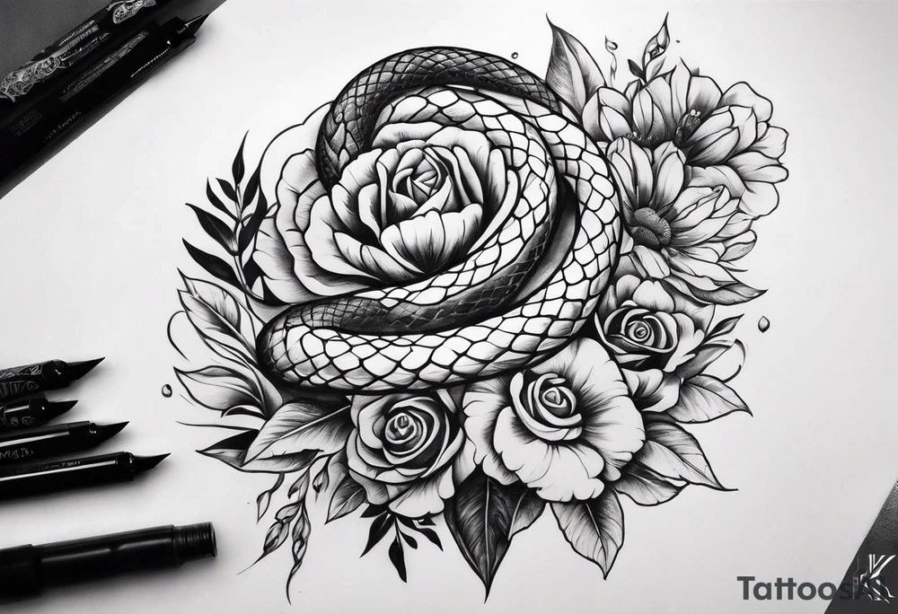 forearm snake and flower sleeve stencil tattoo idea