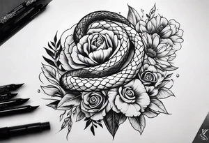 forearm snake and flower sleeve stencil tattoo idea