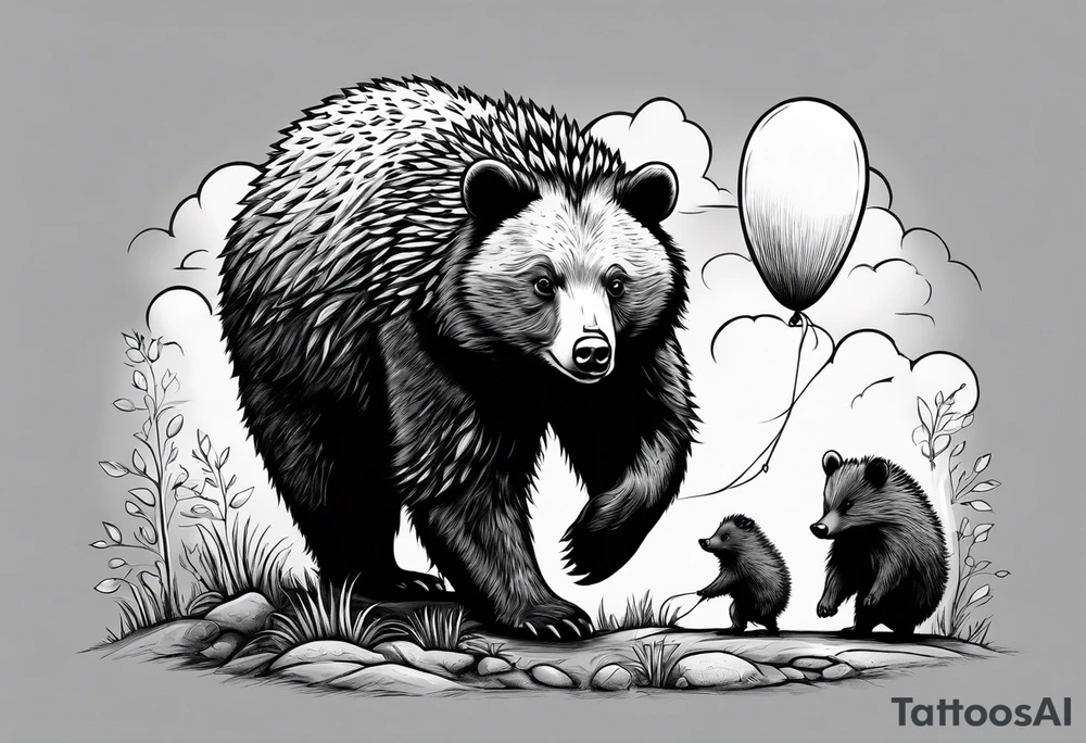 black bear and hedgehog, bear stands over comic hedgehog smiling, hedgehog has red balloon in hand, hedgehog stands on two feet. hedgehog holds bears hand tattoo idea