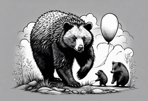 black bear and hedgehog, bear stands over comic hedgehog smiling, hedgehog has red balloon in hand, hedgehog stands on two feet. hedgehog holds bears hand tattoo idea