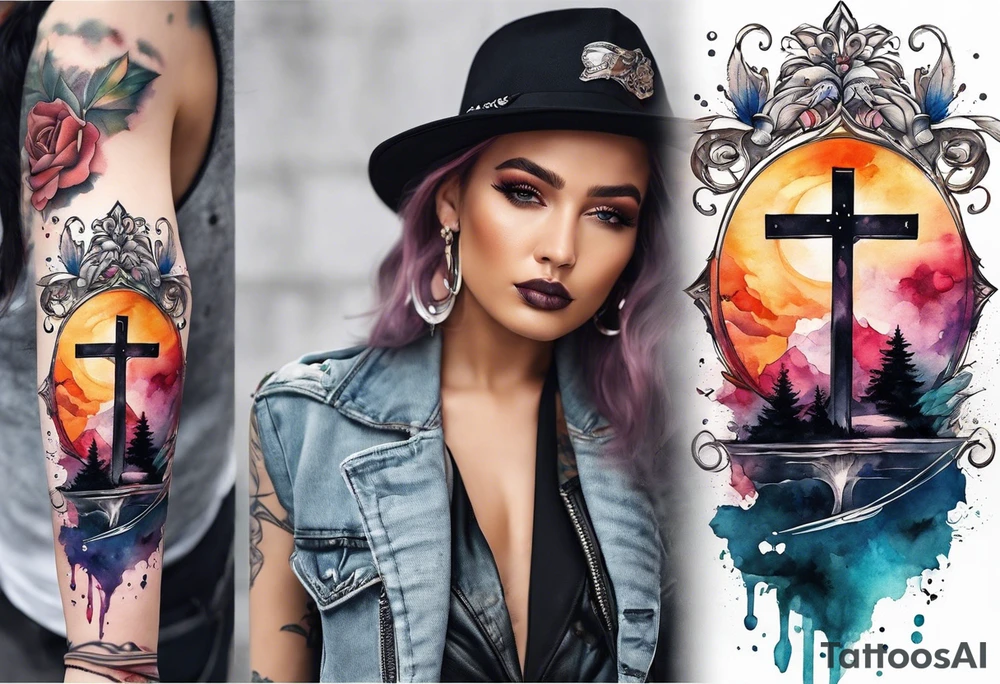 cross with watercolor backgound tattoo idea