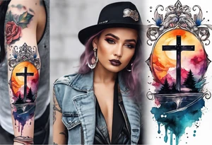 cross with watercolor backgound tattoo idea