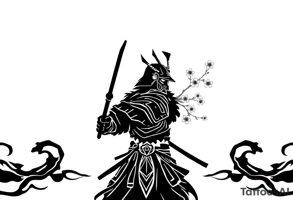 noble samurai warrior silhouette at sunset with cherry blossoms tattoo idea