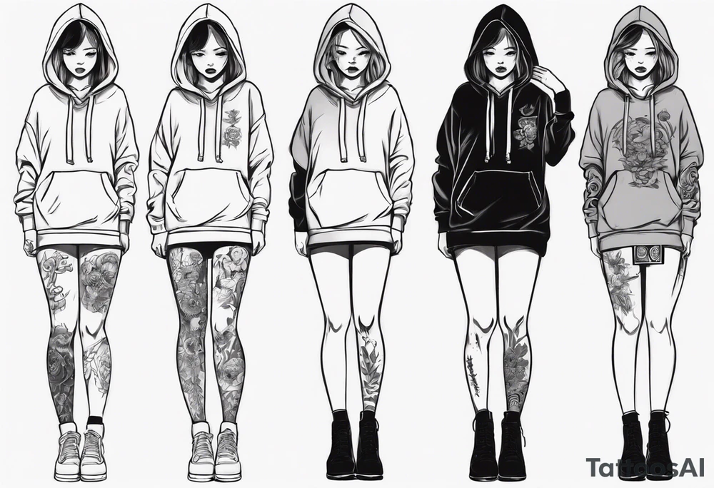 A girl in short skirt wearing a hoodie with her legs crossed tattoo idea