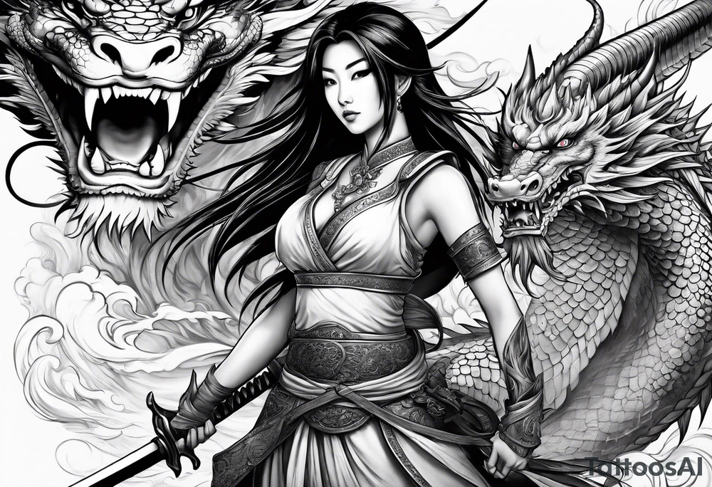 asian warrior princess with swords and a dragon partner tattoo idea