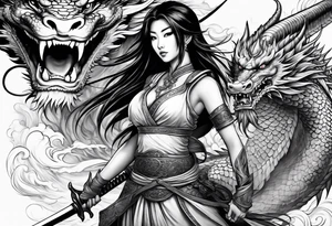 asian warrior princess with swords and a dragon partner tattoo idea