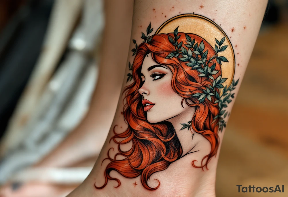 Alfons Mucha’s dreamy maiden with cascading red hair, embraced by copper-toned halos and intricate olive branches. tattoo idea