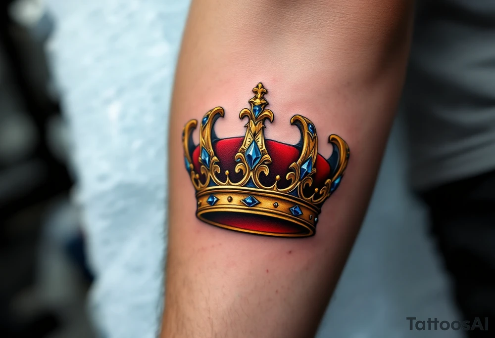 A regal gold crown tattoo adorned with deep red velvet lining, shimmering sapphire-blue gemstones, and subtle black shadowing underneath to give it a bold, three-dimensional look. tattoo idea