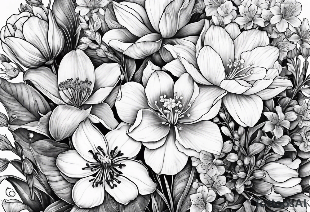 Collage of violets, water lily's, irises, lily of the valley, hawthorn, cosmos, daffodils tattoo idea