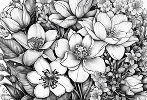 Collage of violets, water lily's, irises, lily of the valley, hawthorn, cosmos, daffodils tattoo idea