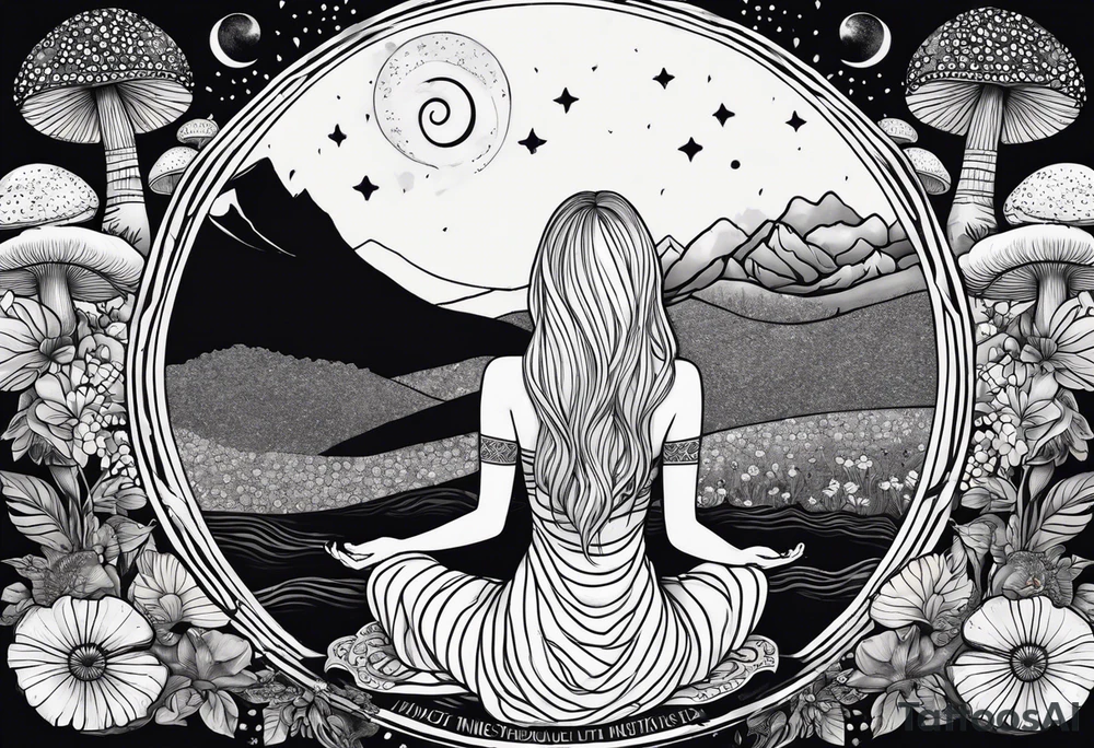 Straight blonde hair girl meditating facing away toward mountains surrounded by mushrooms crescent moon mandala circular design black and white striped dress tattoo idea