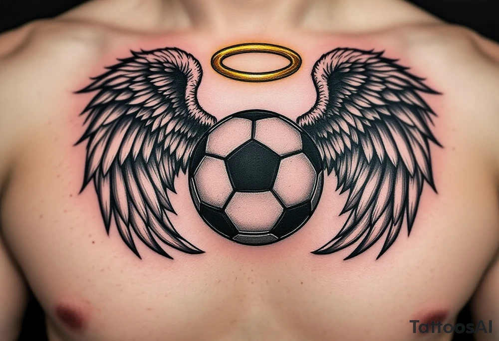 A black and gray soccer ball with angel wings and a golden halo above. tattoo idea