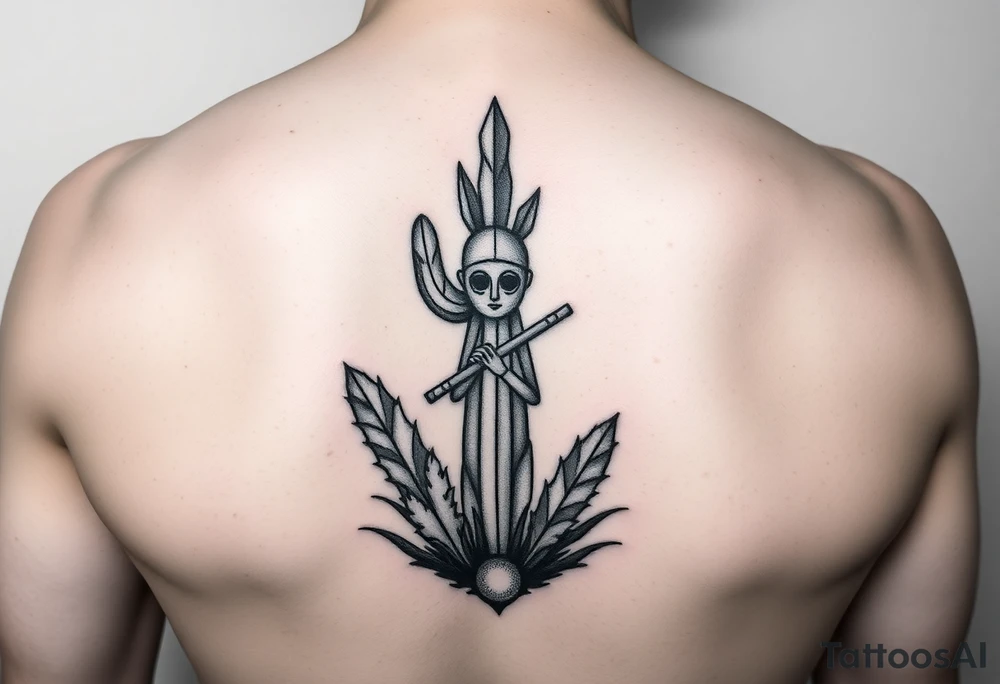 cactus in the middle
kokopelli playing flute in front ot cactus tattoo idea