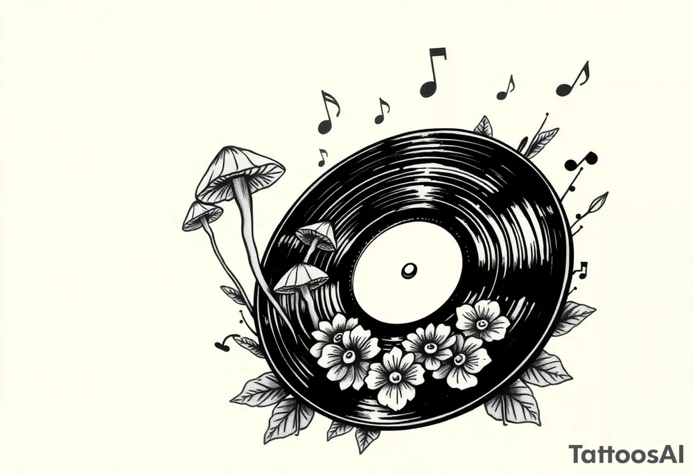 simple vinyl record player with mushrooms, flowers, and music notes around it tattoo idea