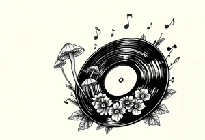 simple vinyl record player with mushrooms, flowers, and music notes around it tattoo idea