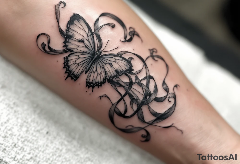 ethereal butterfly with flowing silk ribbons in moonlight tattoo idea