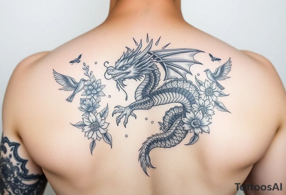 powerful majestic dragon, surrounded by floral ornaments and birds on forearm tattoo idea