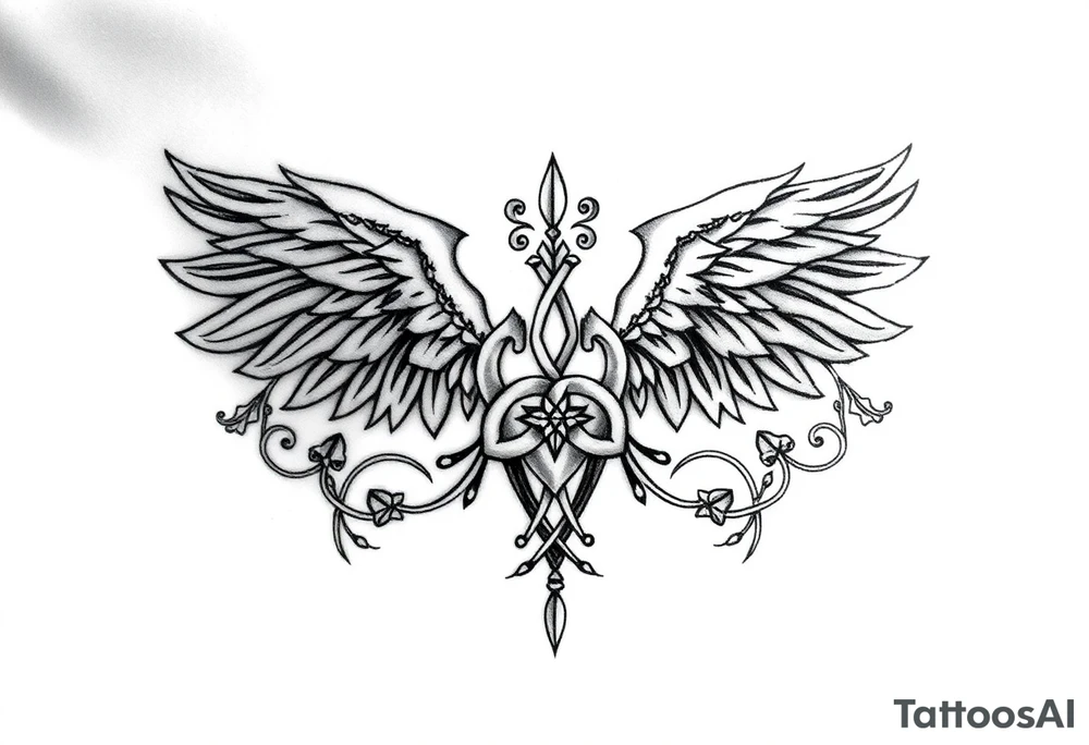tribal pattern with elements of wings, leaves, vines, elven celtic knots, super detailed, intricate designs tattoo idea