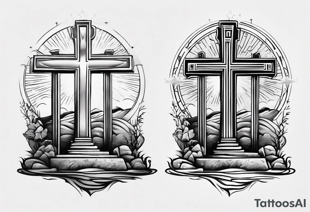 Tomb with cross and sun in the background tattoo idea
