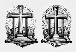 Tomb with cross and sun in the background tattoo idea